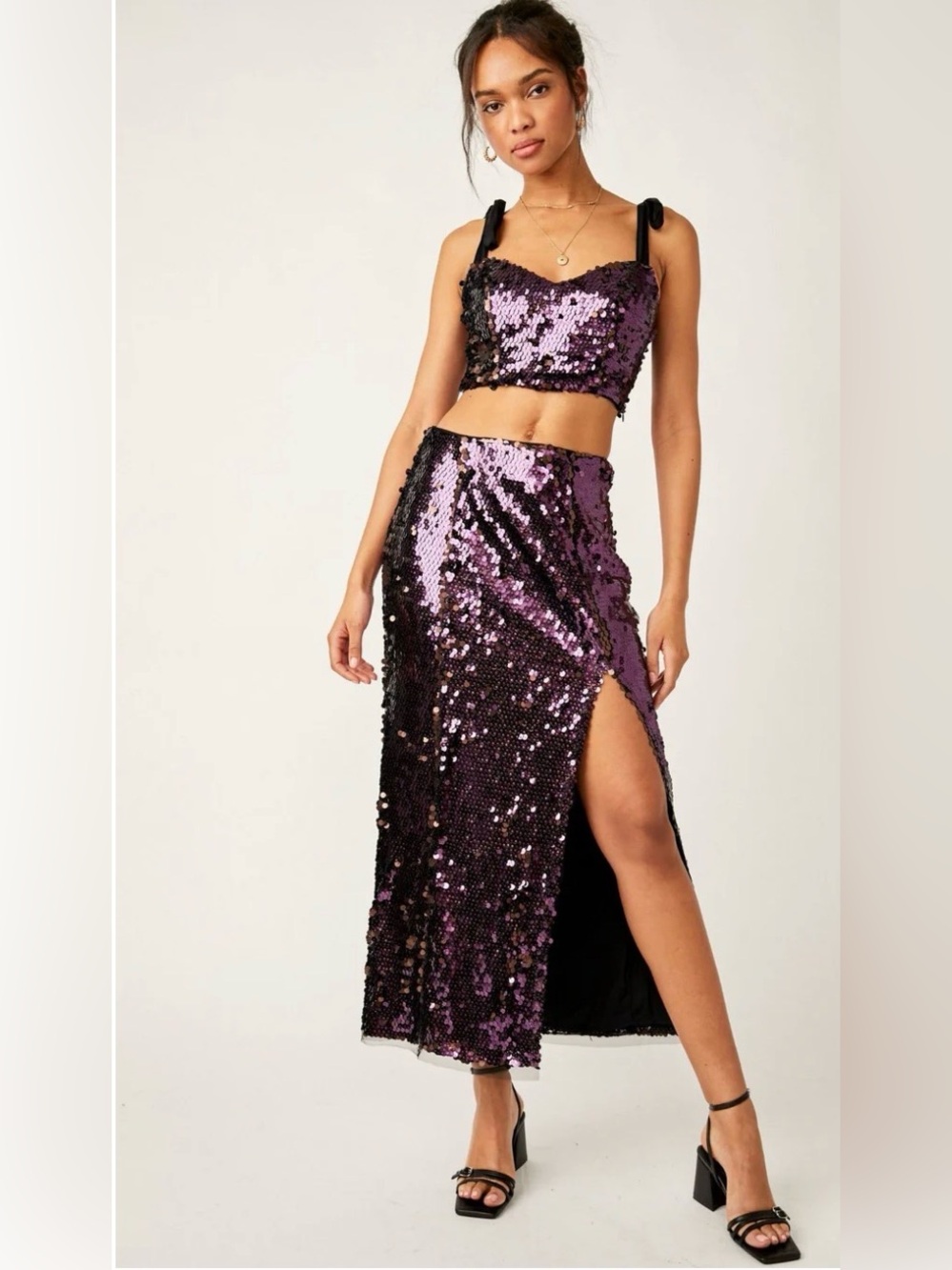 Free People Star Bright Lilac Sequin Tie Strap Crop Top Size 12 EUC